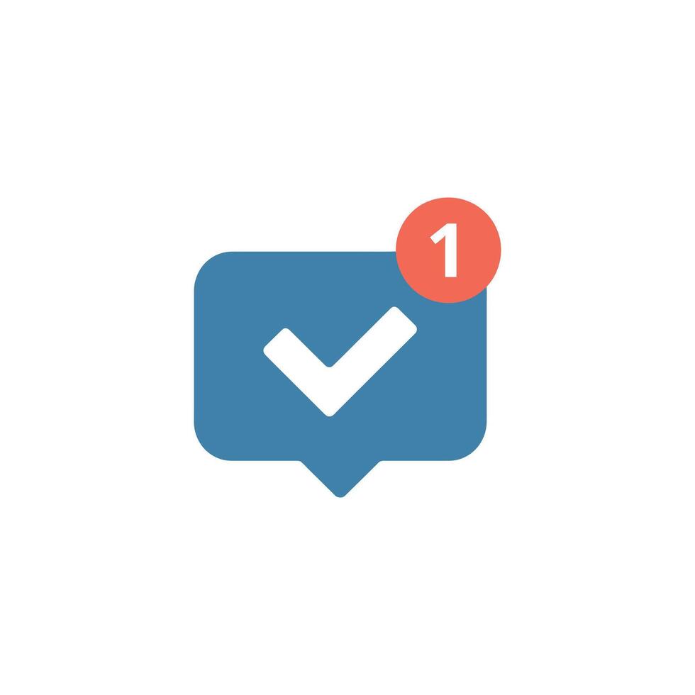 Blue Speech Bubble with White Checkmark and '1' Notification Badge on White Background vector