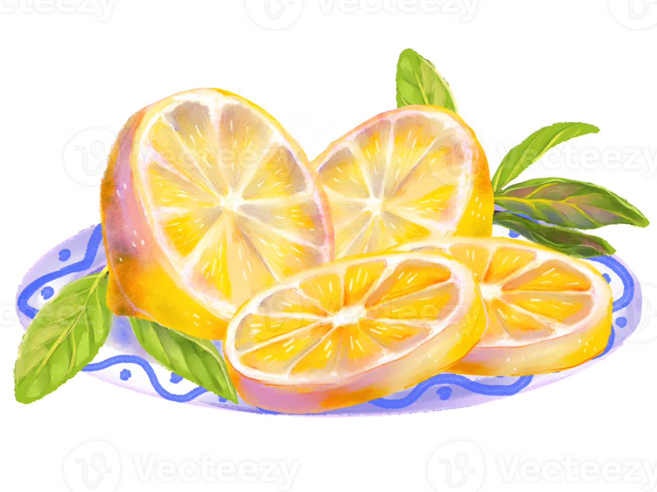 Watercolor style illustration of a slice lemons on white ceramic plate, lush green leaves. Citrus fruits are perfect for food packaging, summer designs, kitchen decor, recipe books, organic branding png