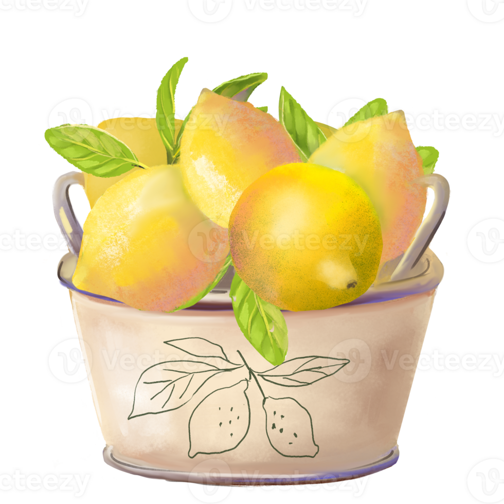 Watercolor style illustration of lemons in craft tin basket, lush green leaves. Citrus fruits are perfect for food packaging, summer designs, kitchen decor, recipe books, organic branding png