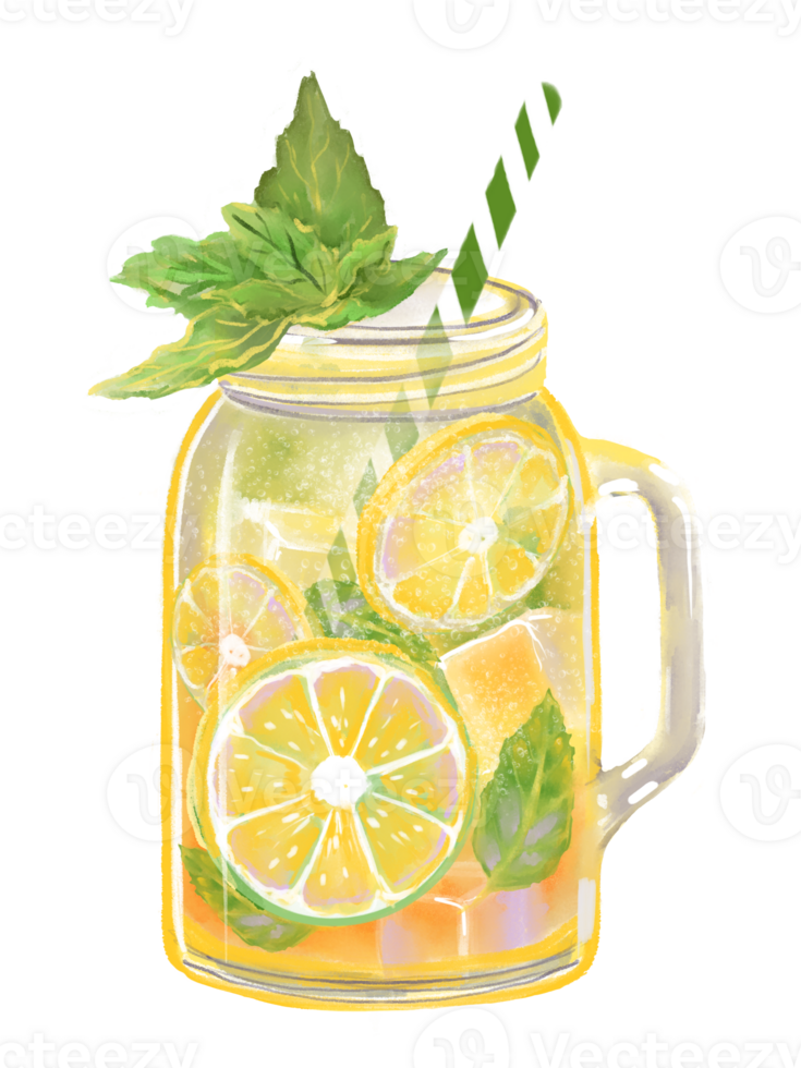 Hand drawn illustration of a refreshing lemonade in a mason jar with ice cubes, lemon slices, mint leaves. Cool and healthy beverage for hot summer weather, tropical vibes. png