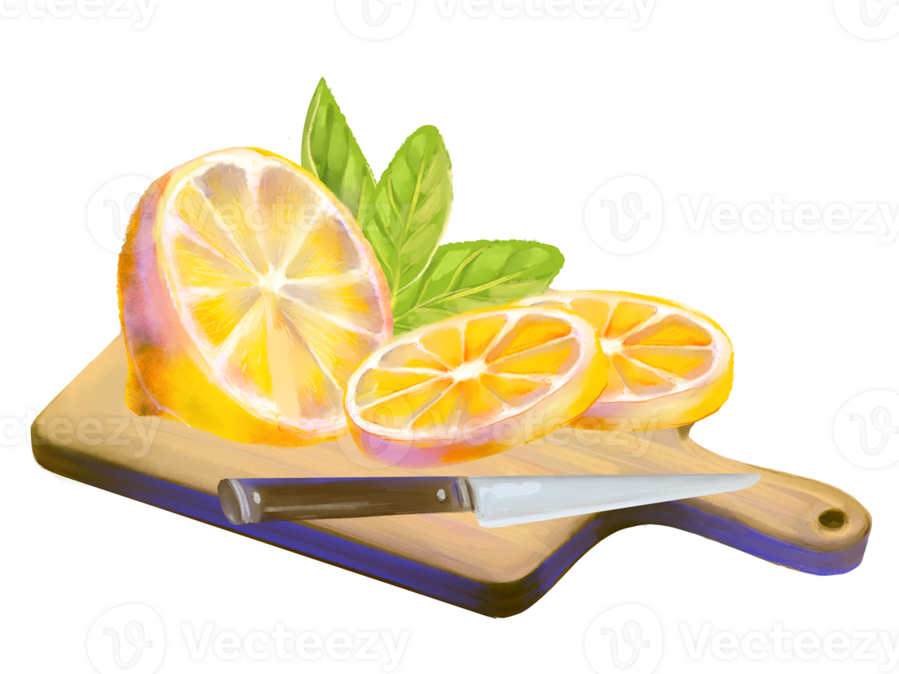 Slices of lemons on wooden board with knife, lush green leaves, watercolor style illustration. Citrus fruits are perfect for food packaging, summer design, kitchen decor, recipe book, organic branding png