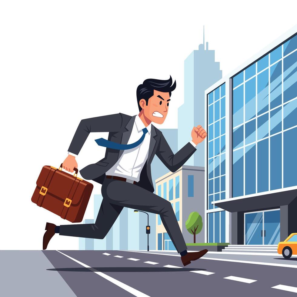 Illustration of businessman running late in office, Concept of overwork, burnout, and anxiety in corporate life vector