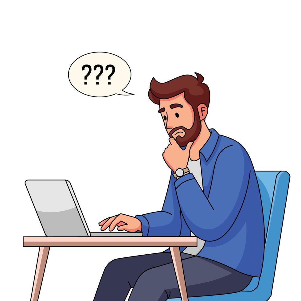 Man thinking while using laptop vector