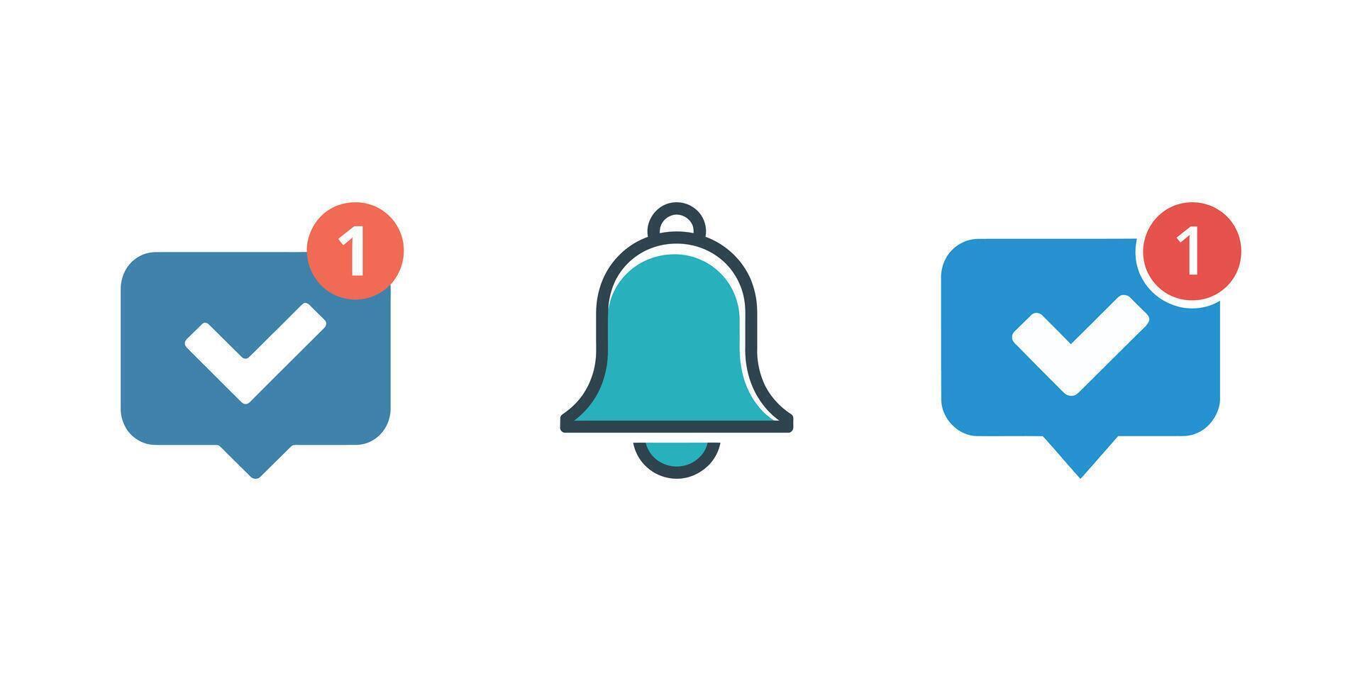 Notification Bell and Checkmark Speech Bubbles Indicating One Unread Message on White Background vector