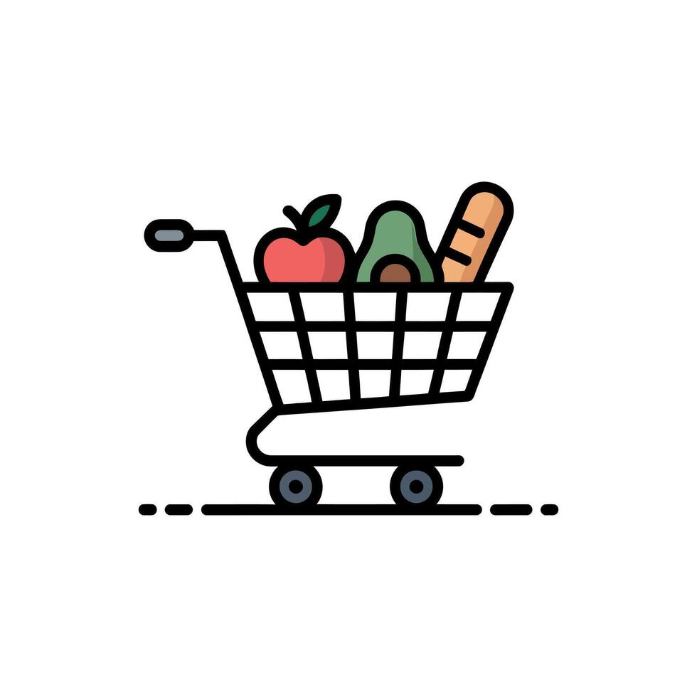 Shopping Cart Filled With Apple, Avocado and Baguette on White Background Illustration vector
