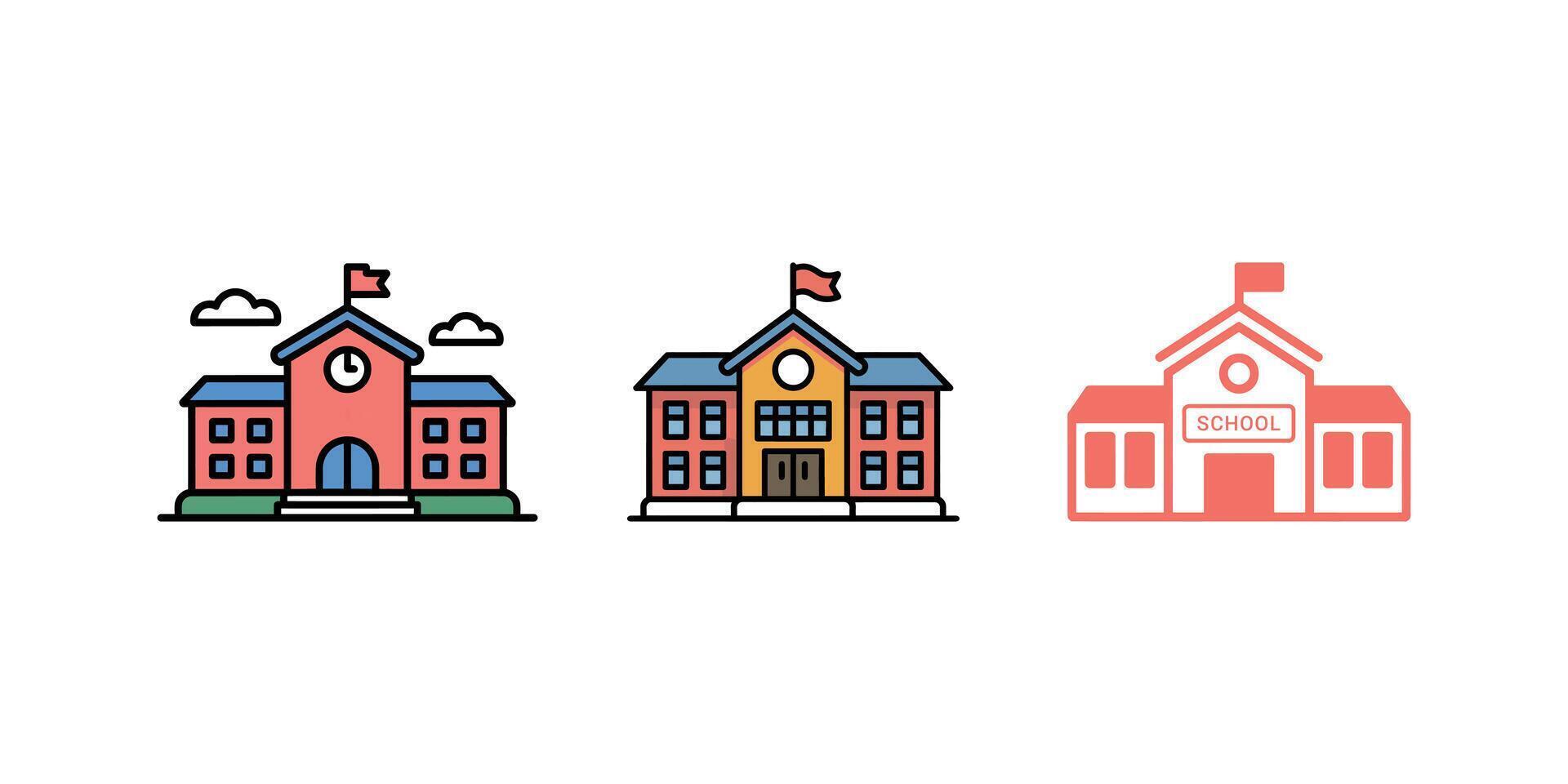 Three School Buildings Icons Set on White Background, Line Art, Education, Flat Design vector