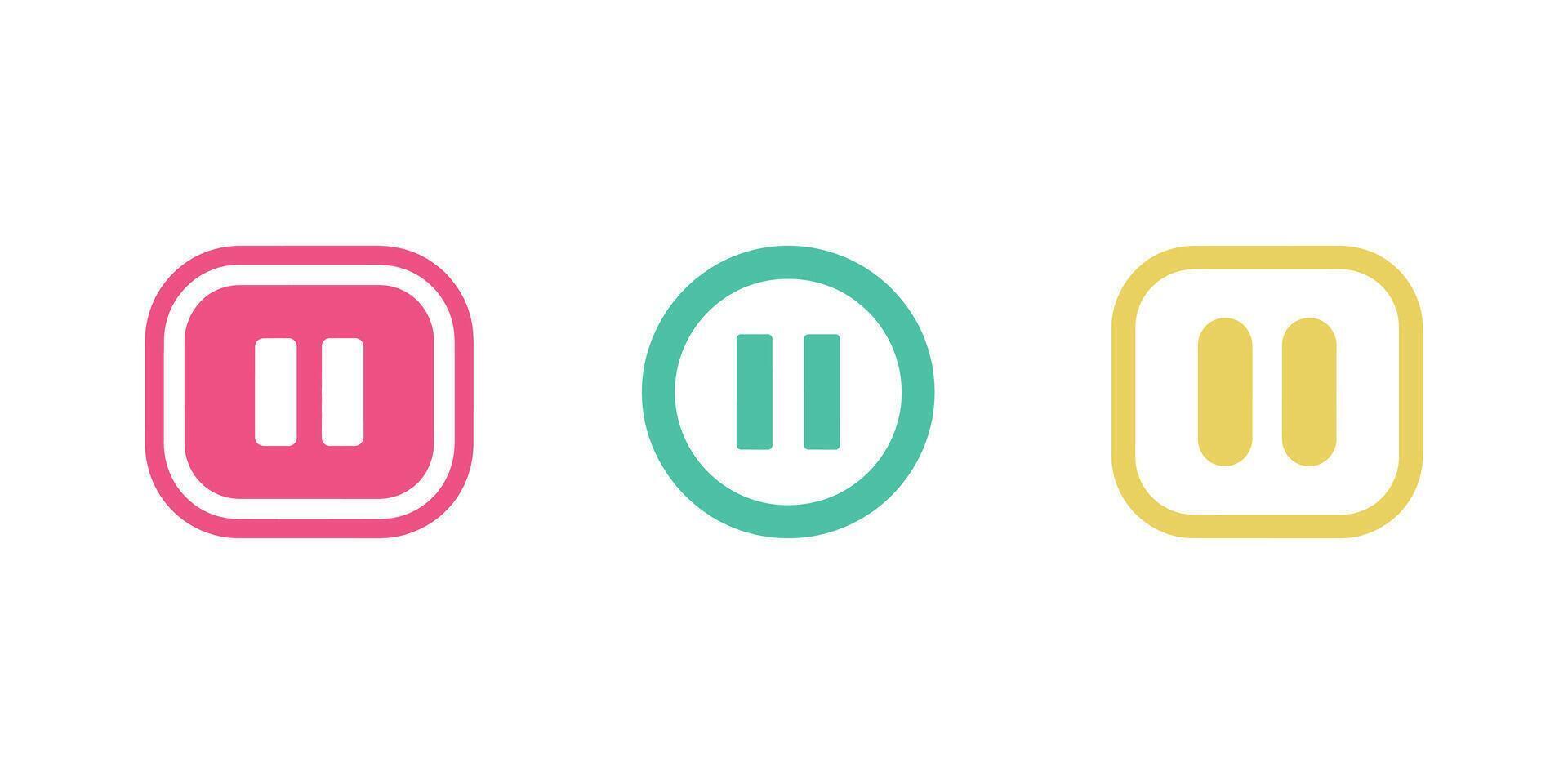 Pause Icon Set Pink Square, Green Circle, and Yellow Rounded Rectangle on White vector