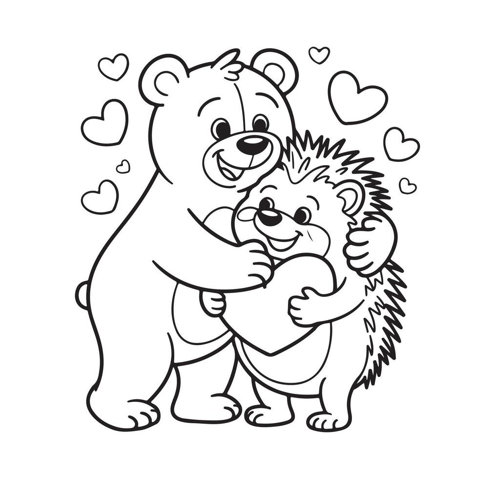 Cartoon Bear Hugging Hedgehog Holding Heart with Floating Hearts in Black Outline love vector