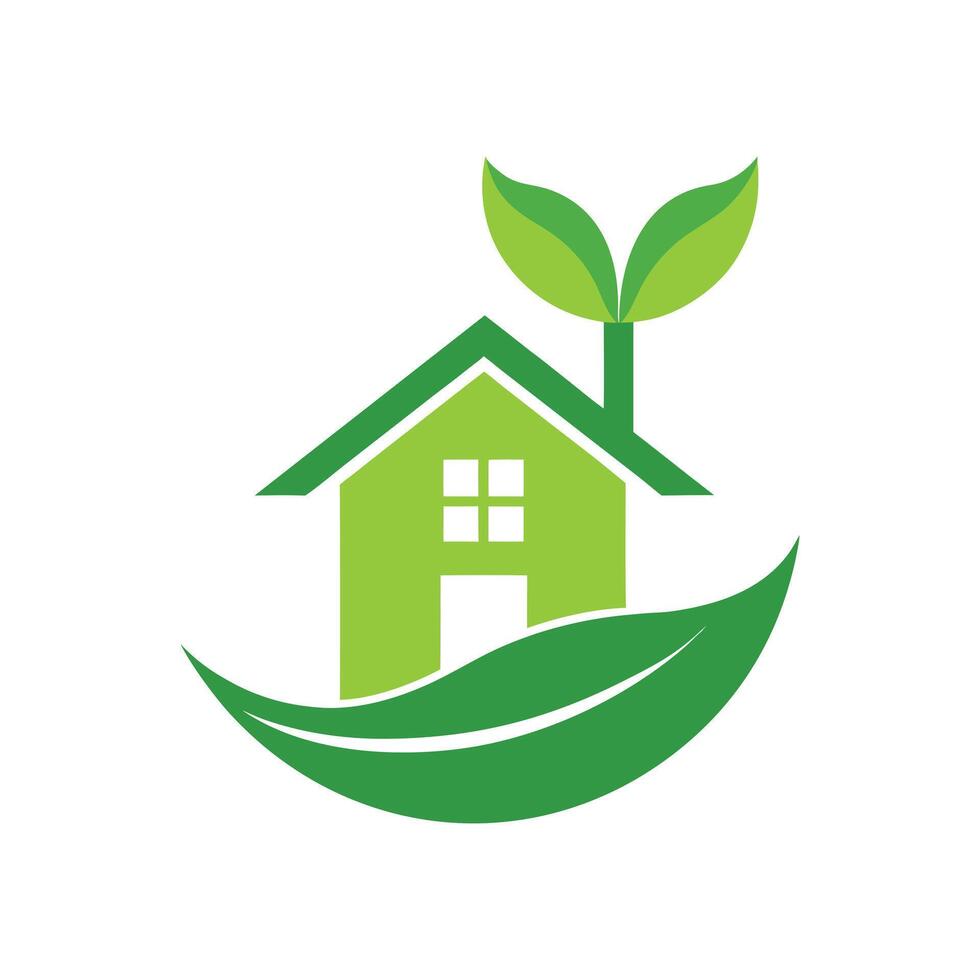 Green house shape with leaves and a leaf shape on a white background home building vector