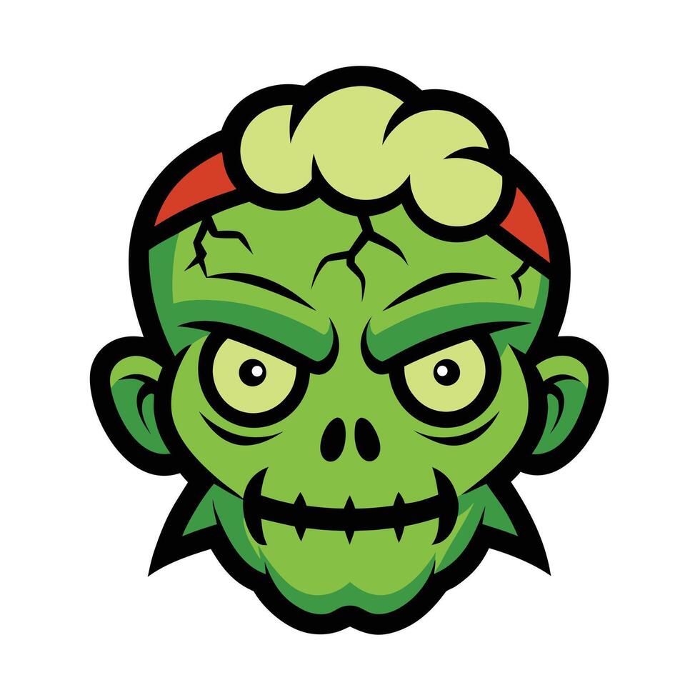 Green zombie head illustration with cracked skin and black outlines on white background vector