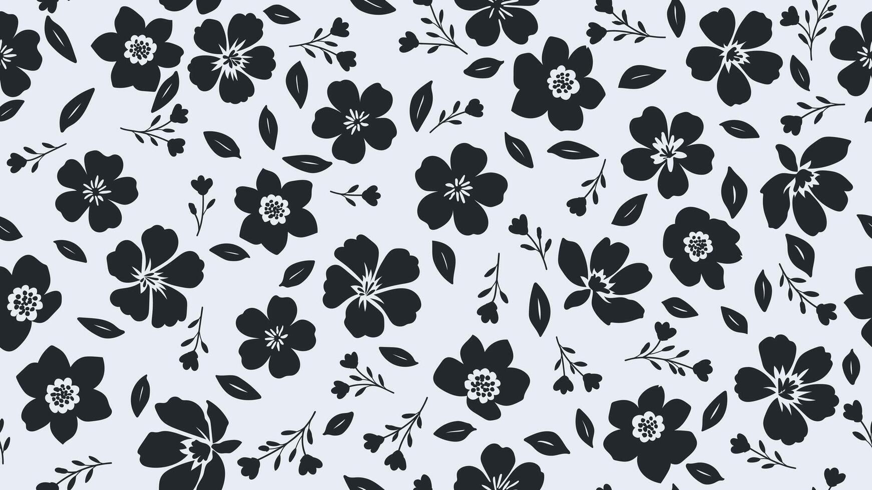 Seamless pattern with black flowers and leaves on light blue background. Peonies, wildflowers, hibiscus silhouette vector