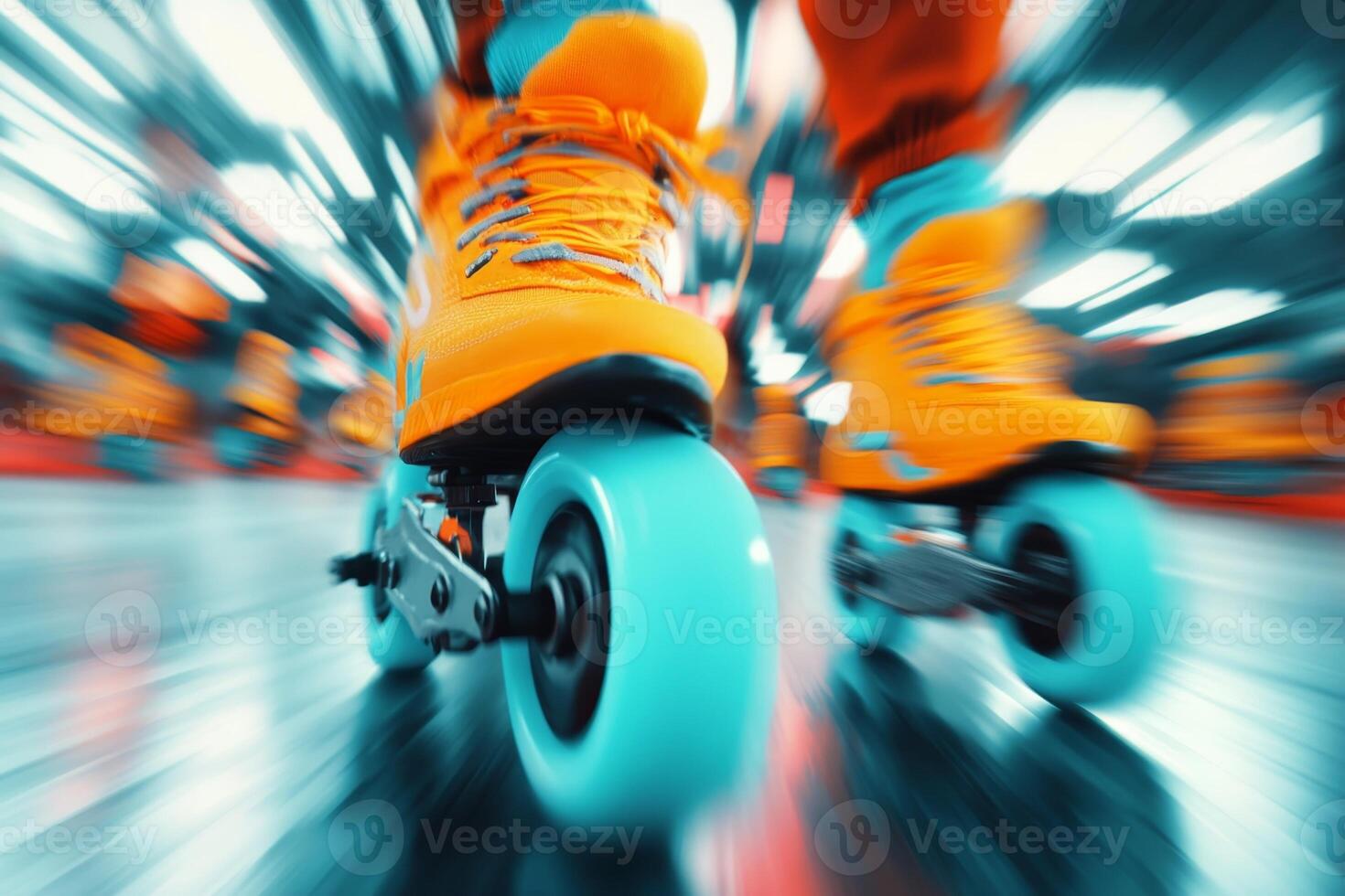 Dynamic roller skating session with vibrant neon skates in an energetic indoor rink environment photo