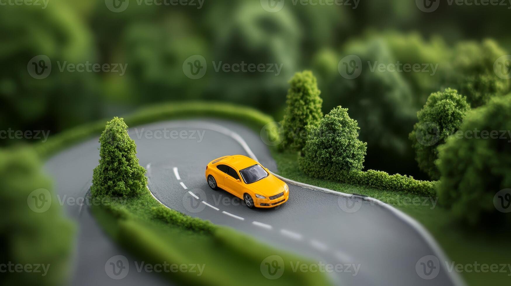 Yellow car navigating a winding road through lush green landscape during bright daylight with blurred background photo