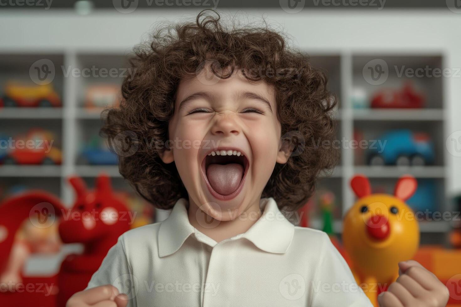 Joyful child expressing happiness in a playful indoor environment with colorful toys during daytime photo