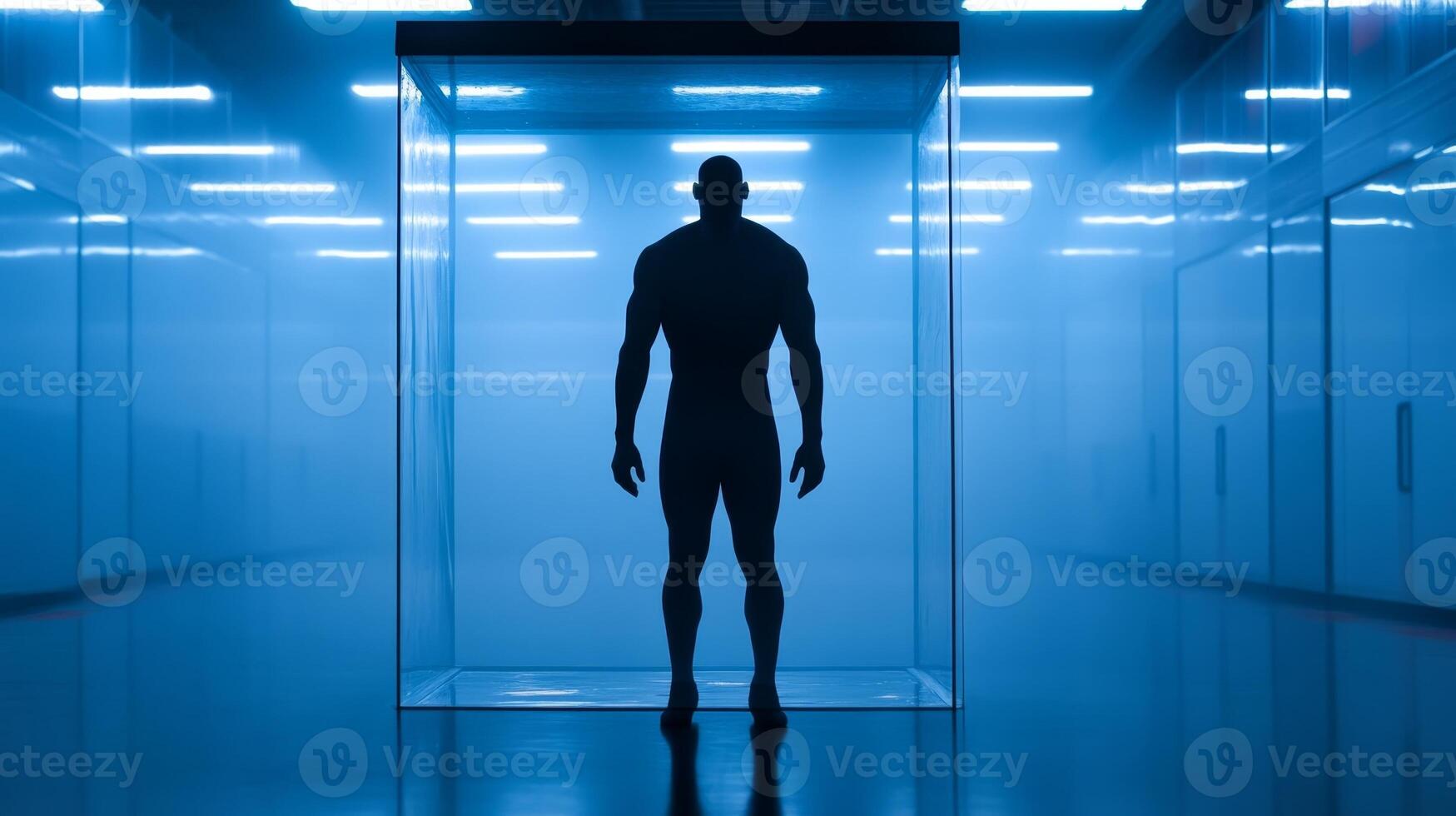 Shadowed figure standing in a glass enclosure in a high-tech urban environment at dusk photo