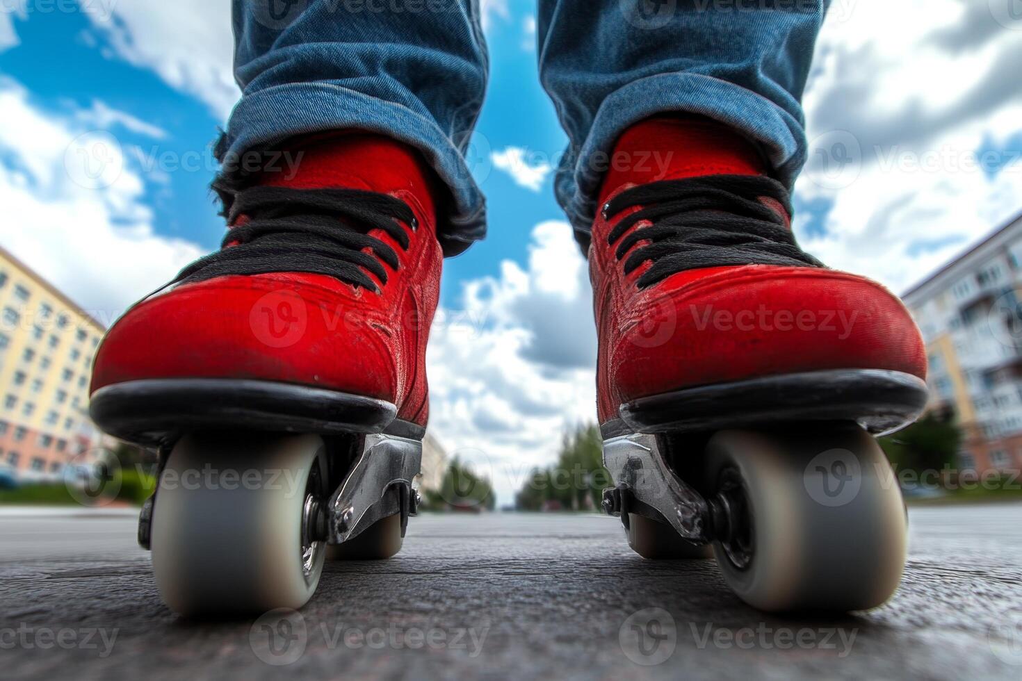 Roller skater on urban street in vibrant red skates against a backdrop of blue sky and clouds during daylight photo