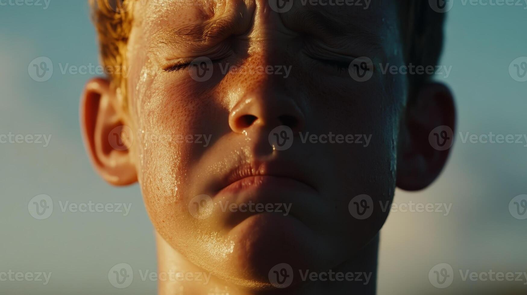 Child expressing emotion with tears under sunset sky revealing deep feelings and vulnerability in natural light photo