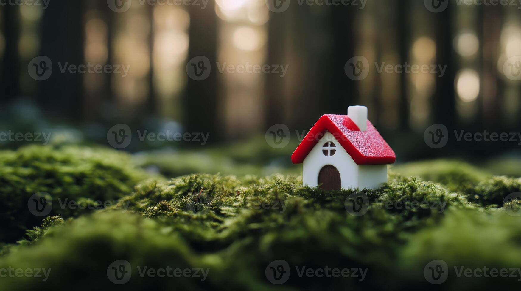 Miniature house on lush green moss surrounded by trees in a serene forest setting photo