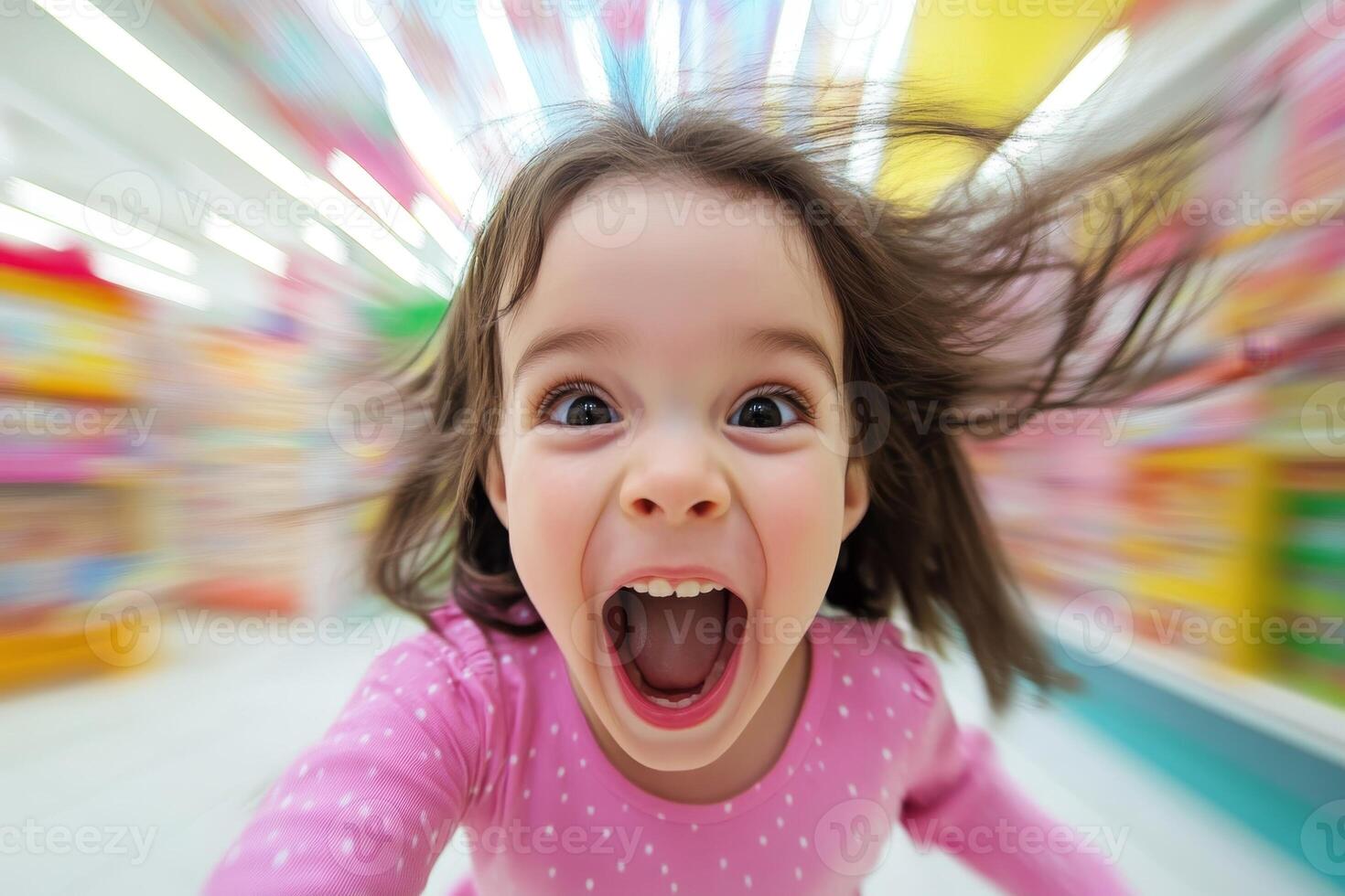 Child expressing joy while running in a colorful toy store during daytime, showcasing excitement and playfulness in a vibrant setting photo