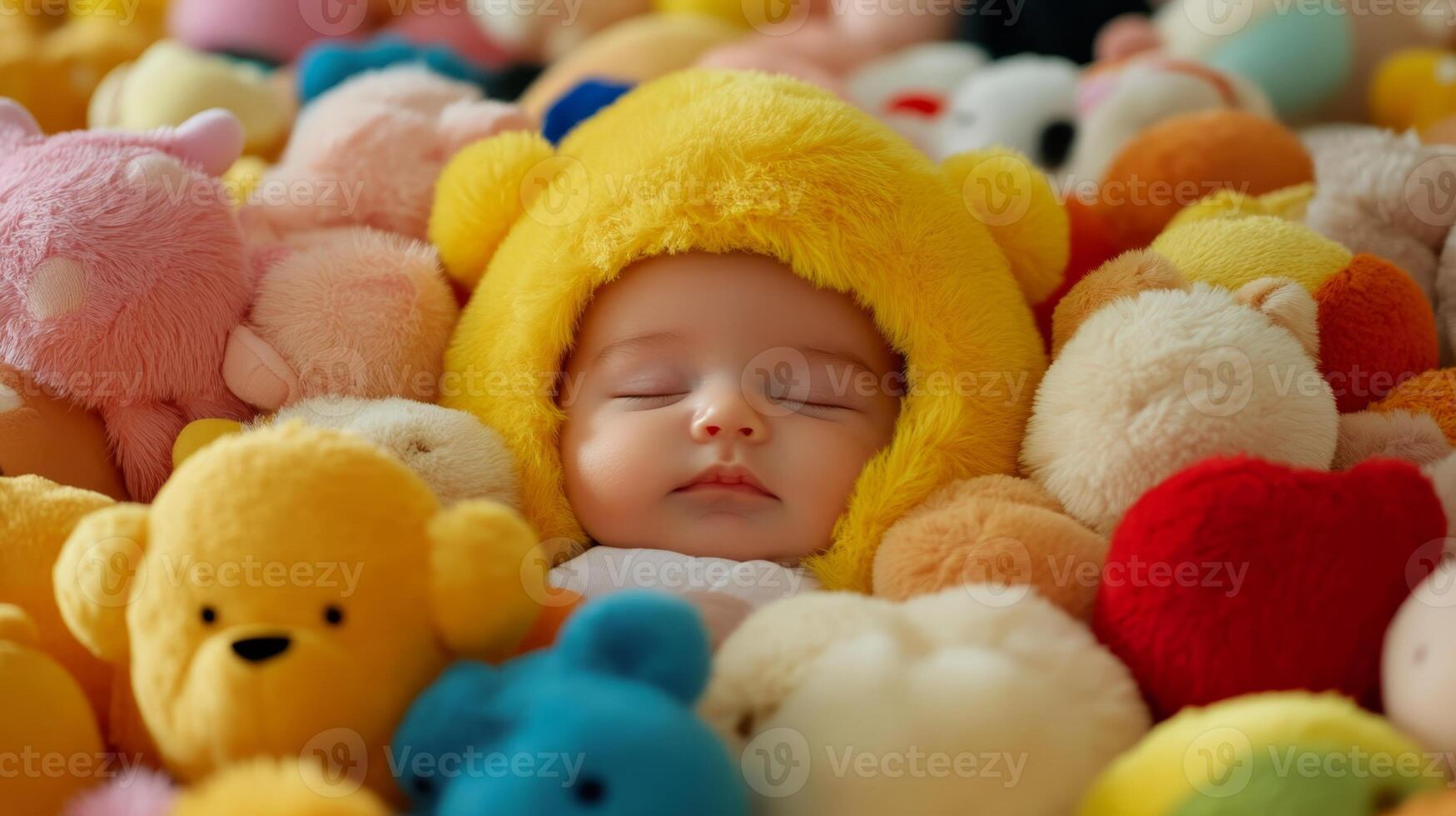 Baby sleeping peacefully in a cozy nest of colorful plush toys in a bright indoor setting photo