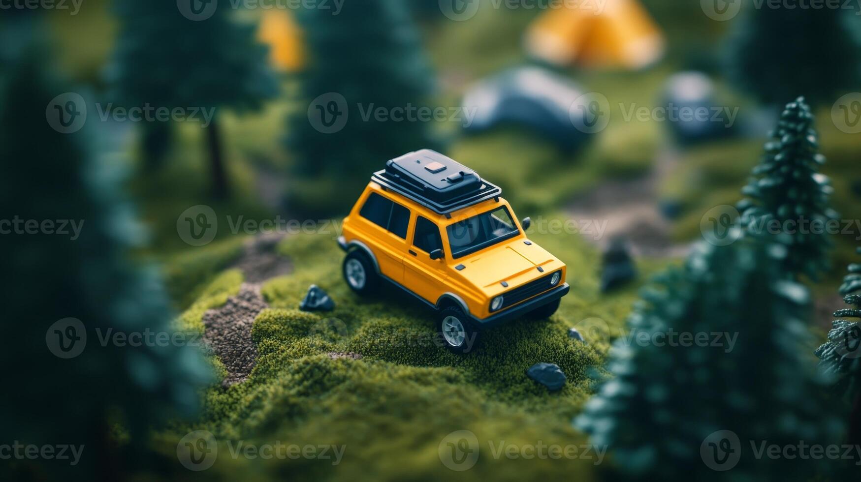 Miniature yellow car parked on a mossy terrain among pine trees and camping tents during daylight photo