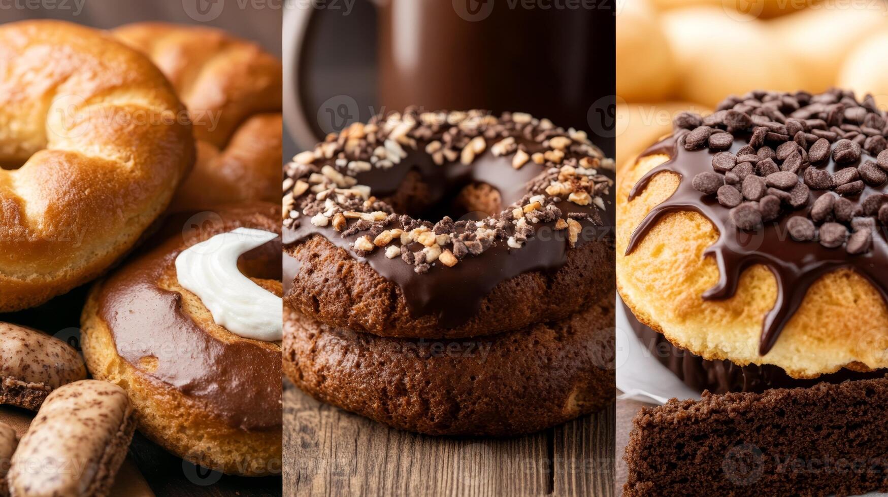Indulgent assortment of freshly baked pastries and desserts on rustic wooden background photo