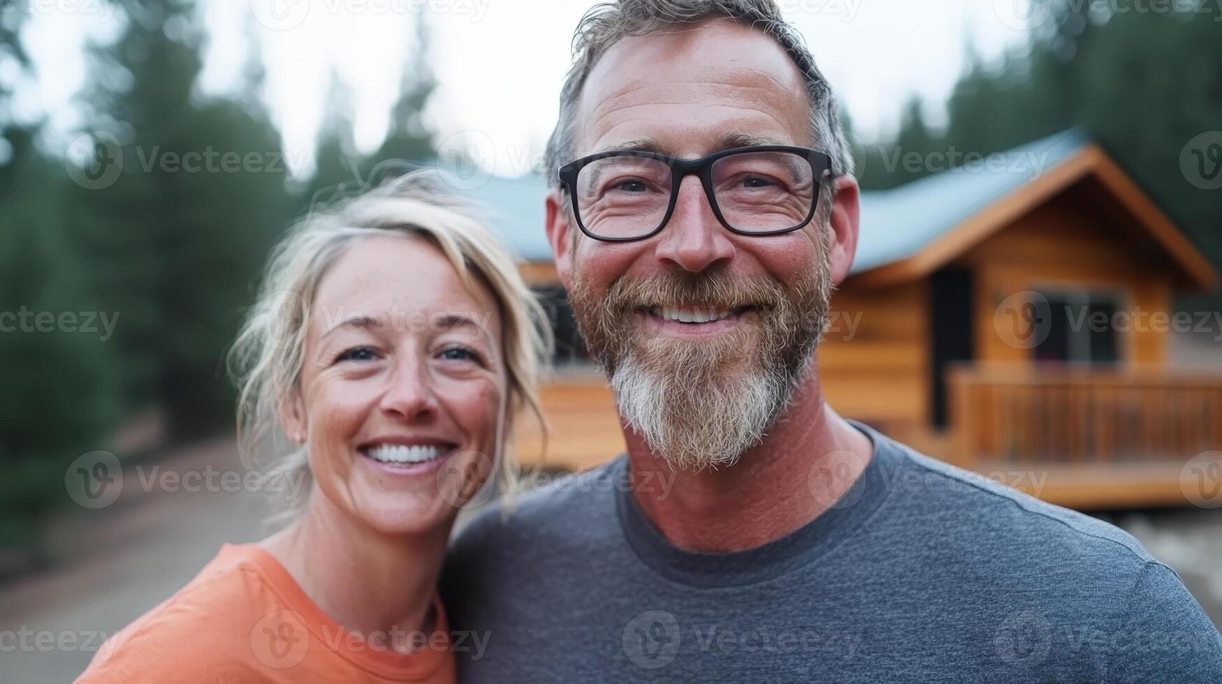 Couple enjoying a smiling moment outdoors in front of a cozy cabin in the woods during twilight hours photo