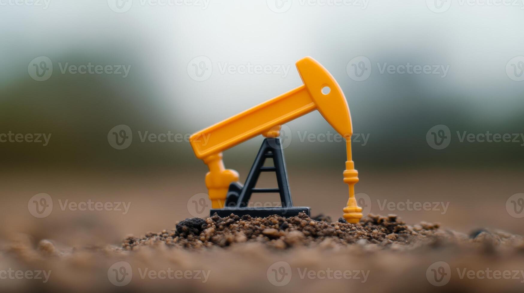 Miniature oil pump jack model on sandy terrain during cloudy weather showcasing energy production and resource extraction photo