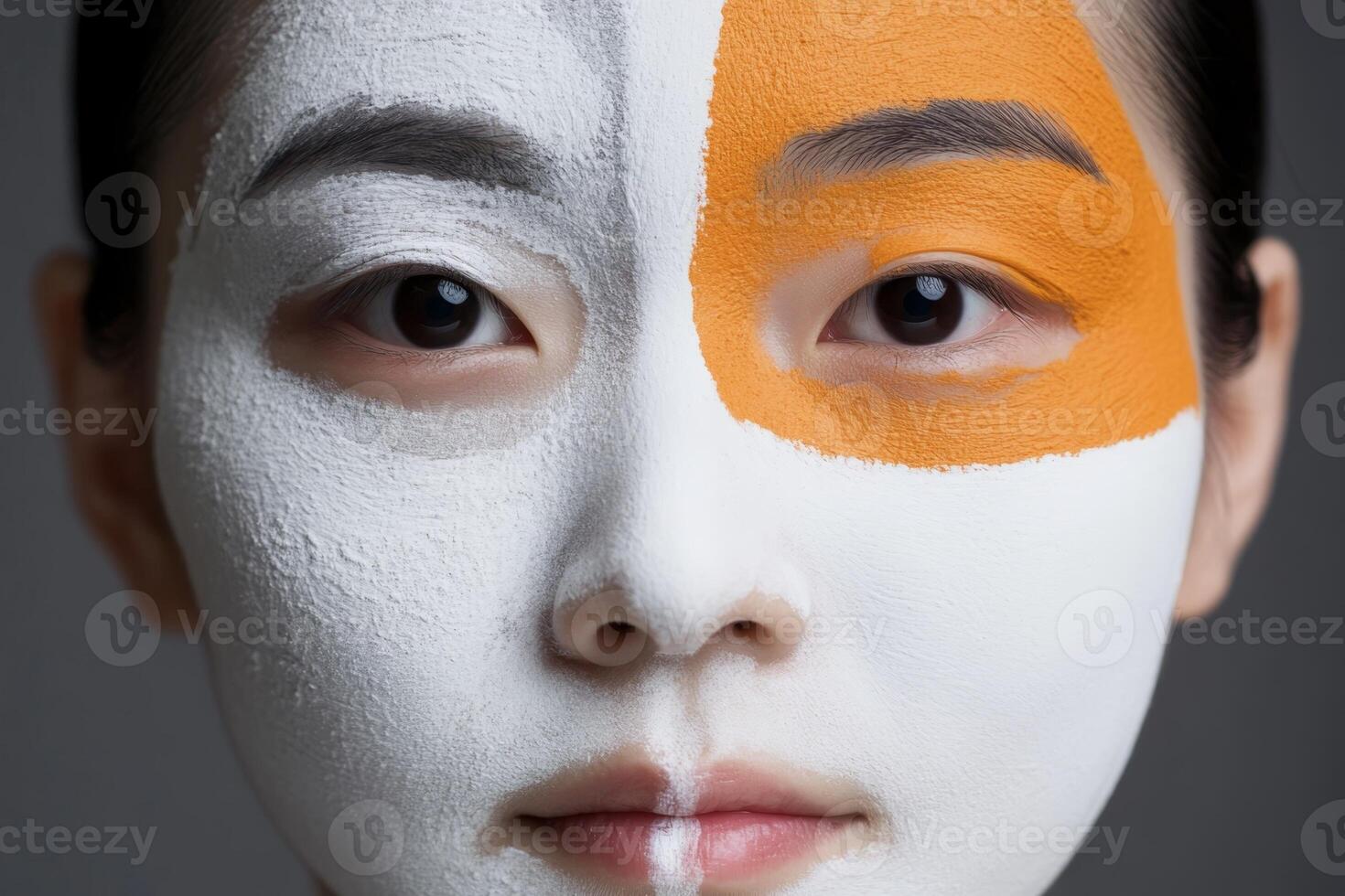 Facial paint artistry showcasing a dual color design on a model's face during a creative makeup session photo