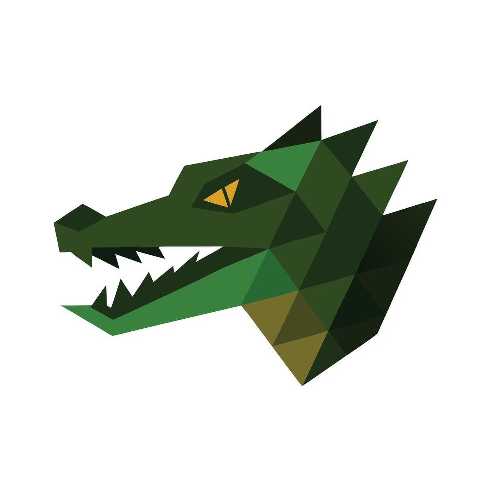 Green polygonal crocodile head logo with open mouth and yellow eye on white background vector
