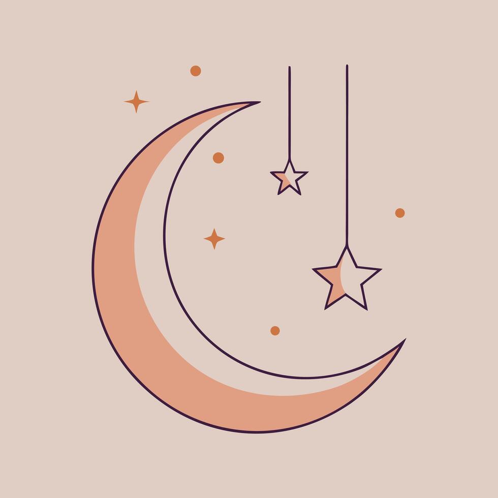 Crescent moon with stars illustration in orange and purple on a beige background hanging vector