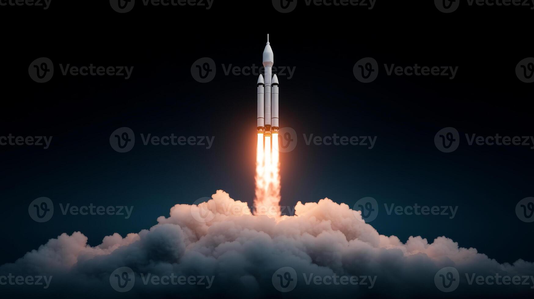 Rocket launching into space with fiery exhaust and billowing clouds at night photo