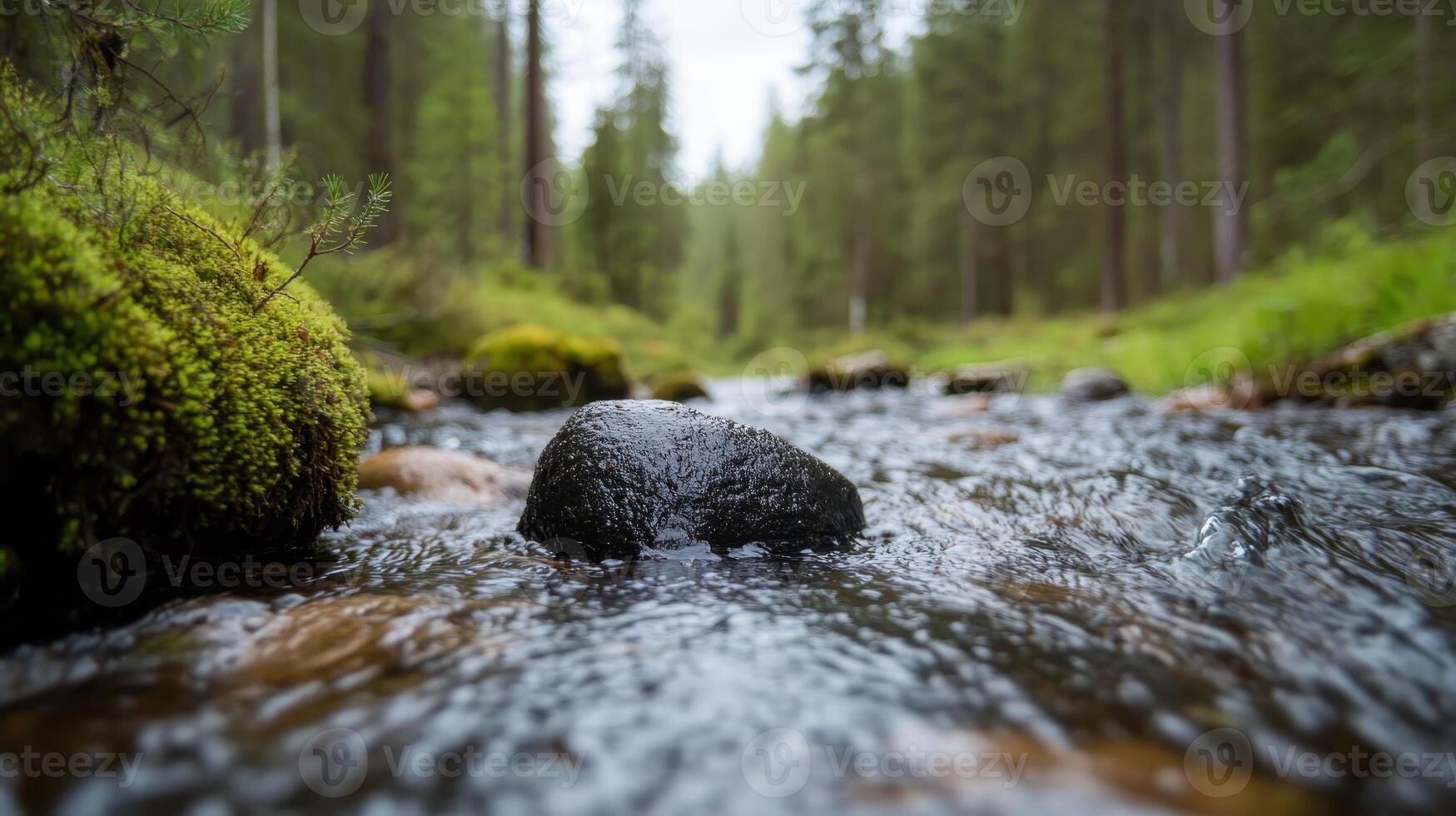 Serene landscape of a flowing river surrounded by lush forest in the early morning light photo