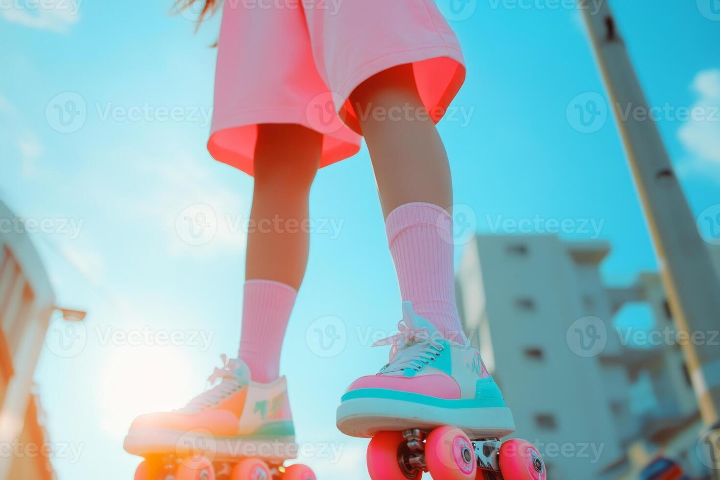 Young girl skating on retro roller skates in vibrant city setting during sunny afternoon photo