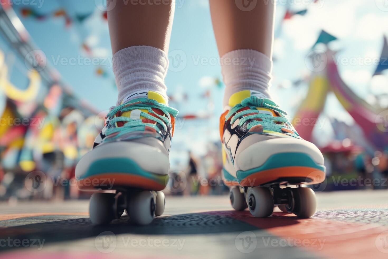 Brightly colored roller skates glide over a lively carnival ground filled with festive decorations and joyous crowds on a sunny day, showcasing the spirit of fun and leisure photo