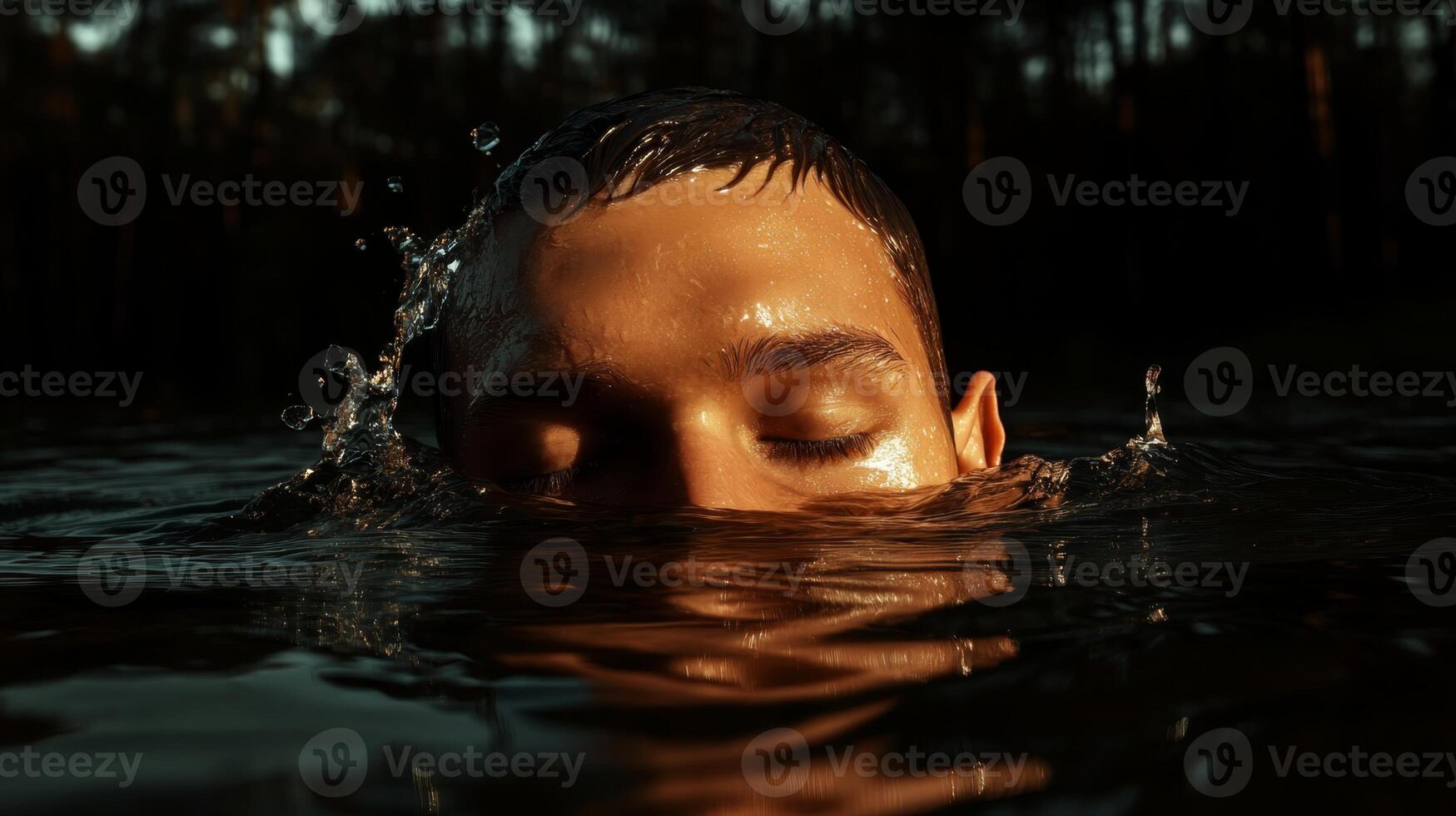 Swimmer submerged in water during sunset capturing the tranquility of nature and personal reflection photo