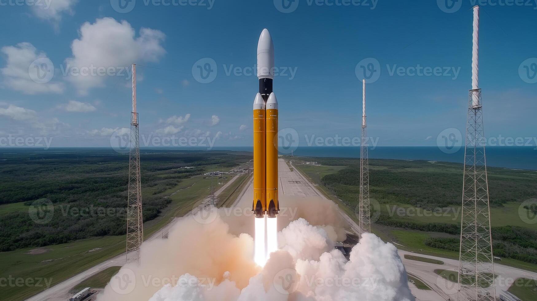 Rocket launch during daylight at a coastal launch site, showcasing powerful ignition and ascent into the sky photo