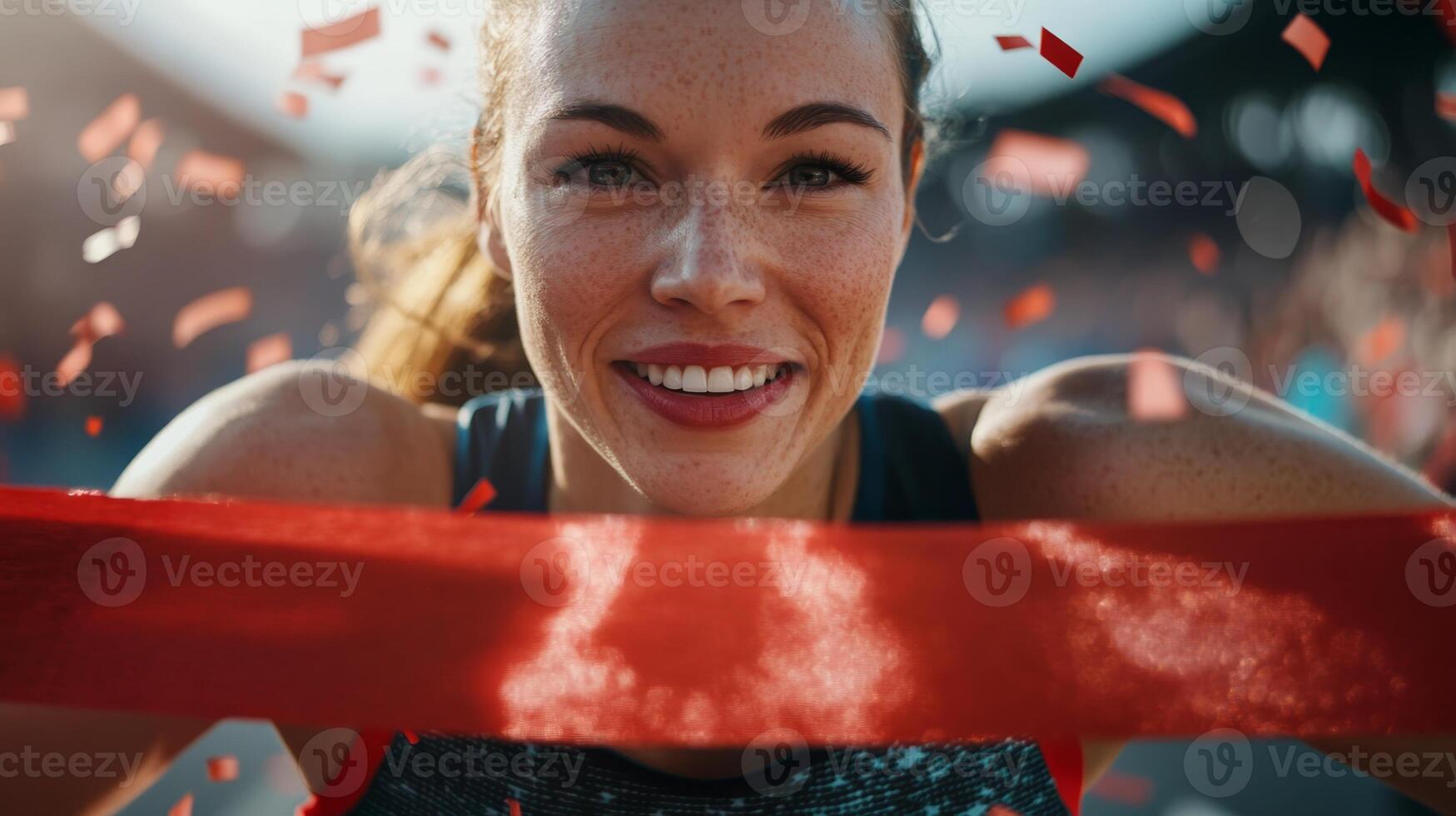 Smiling female athlete celebrating victory at the finish line after a race surrounded by confetti photo
