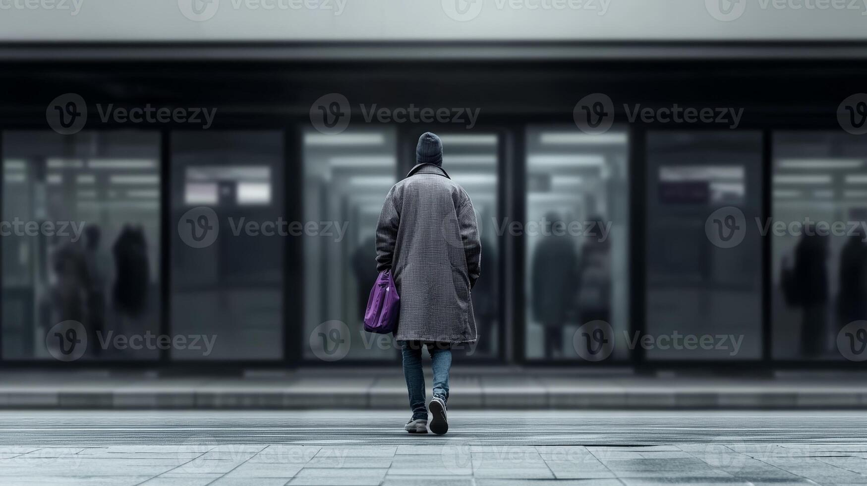 Walking through a quiet urban space with reflective glass surfaces during early morning hours photo