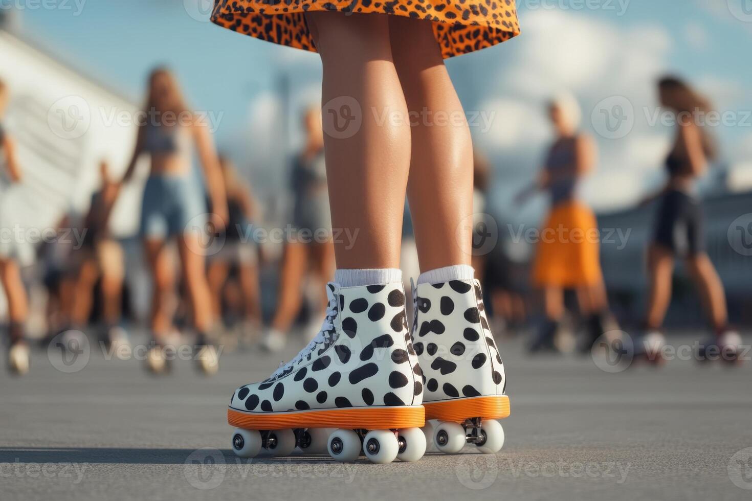 Stylish roller skater stands out with unique polka dot skates at sunny outdoor rink surrounded by active friends photo