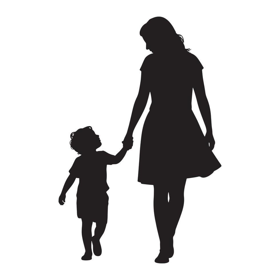 Silhouette of Mother and Child Walking Together Holding Hands vector