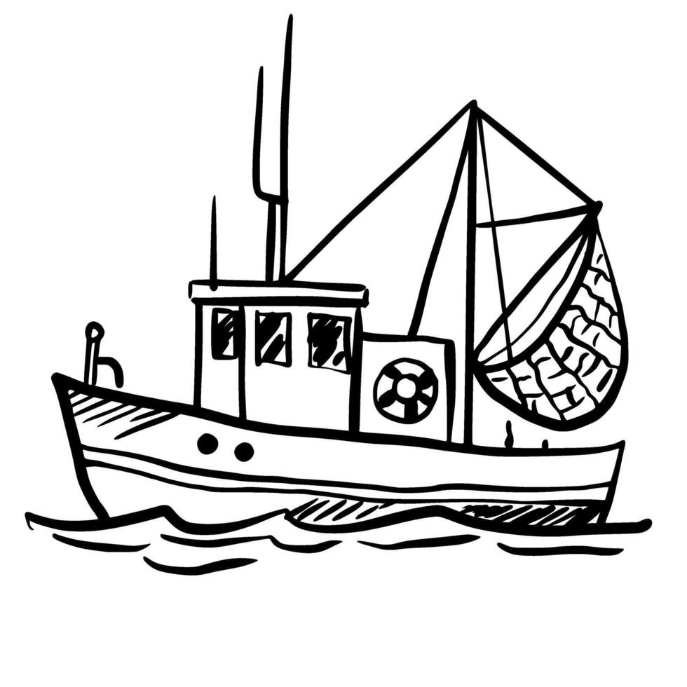 Fishing Boat Hand drawn line art sketch doodle fisherman aesthetic coastal nautical illustration vector