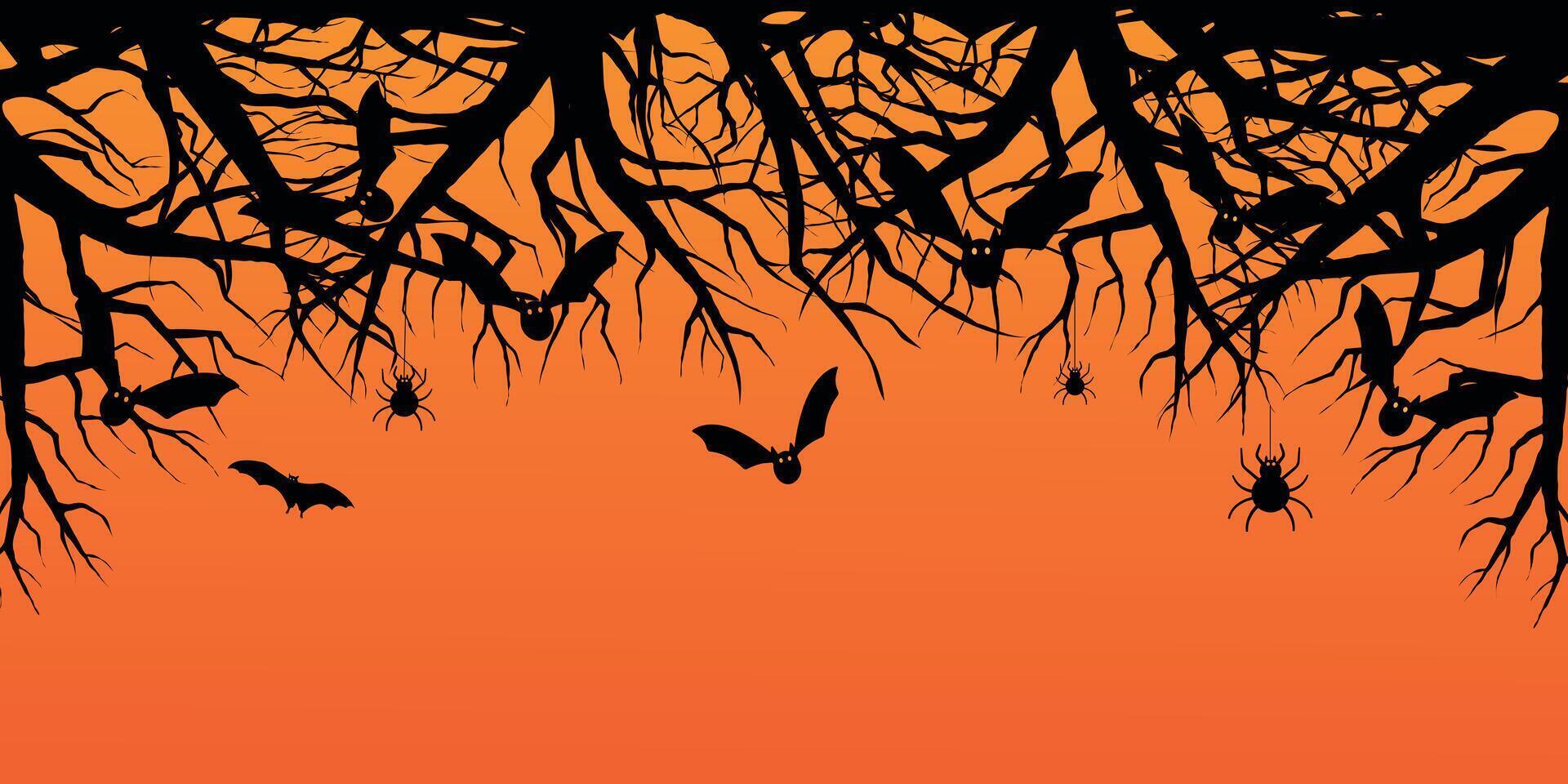 Halloween Background Banner or Poster with black Tree Pattern, Bat, Spider on the orange Sky background. Halloween Spooky Nighttime Horizontal Banner. Scary Party Template Illustration for Text vector
