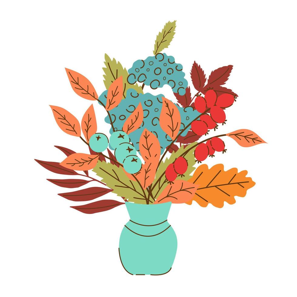 Illustration Vase with Autumn Branches, Leaves, Berries in Trendy Flat Style Isolated on White Background. Fall Print with Abstract Autumn Colorful Seasonal Elements for Posters, Banners, Cards vector