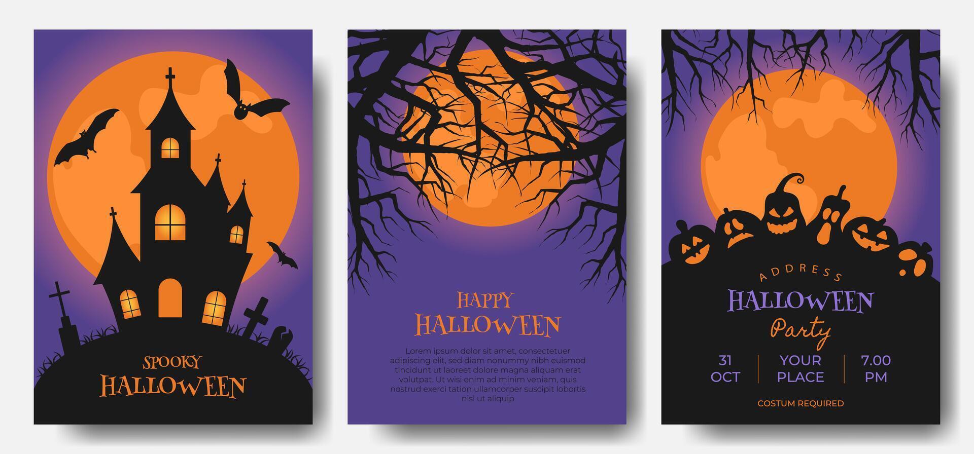 Happy Halloween Poster Banner Party Invitation Template Background with Black Castle Glowing Moon and Pumpkins. Flat Illustration Card Flyer for Halloween Holiday Celebration Cover Social Media vector