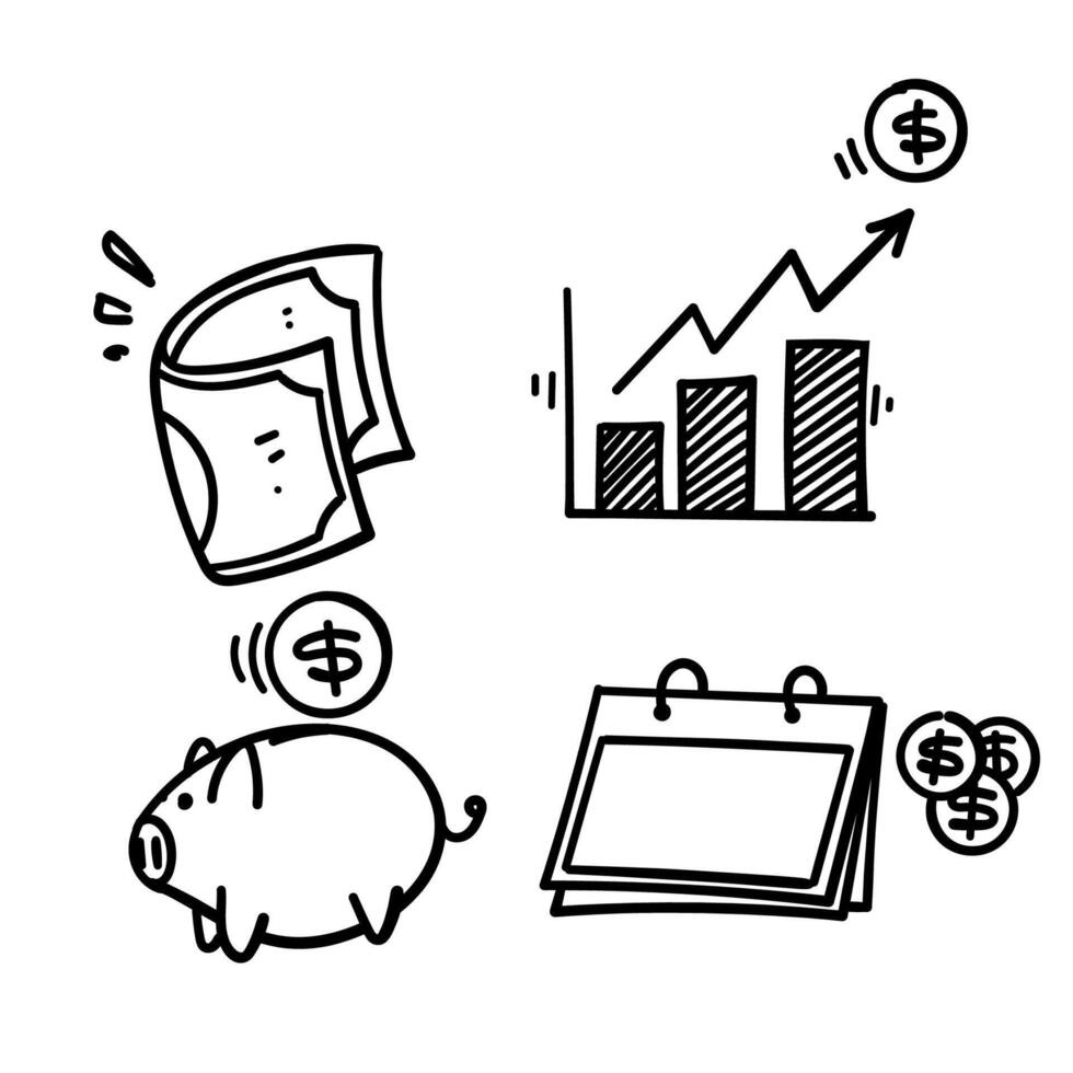 a set of doodles showing money, pig, and calendar vector