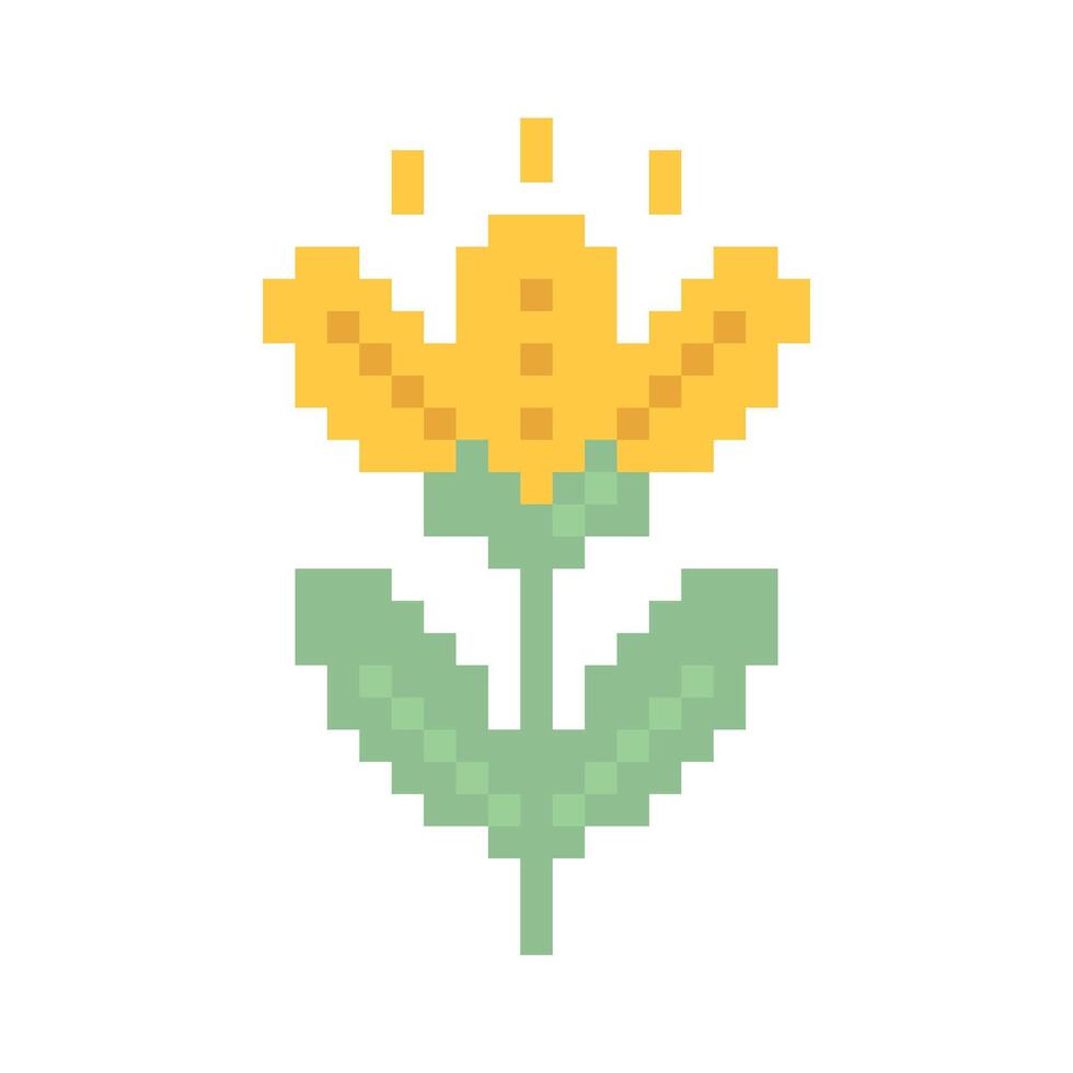 Cute pixel art yellow flower with green leaves isolated on white background vector