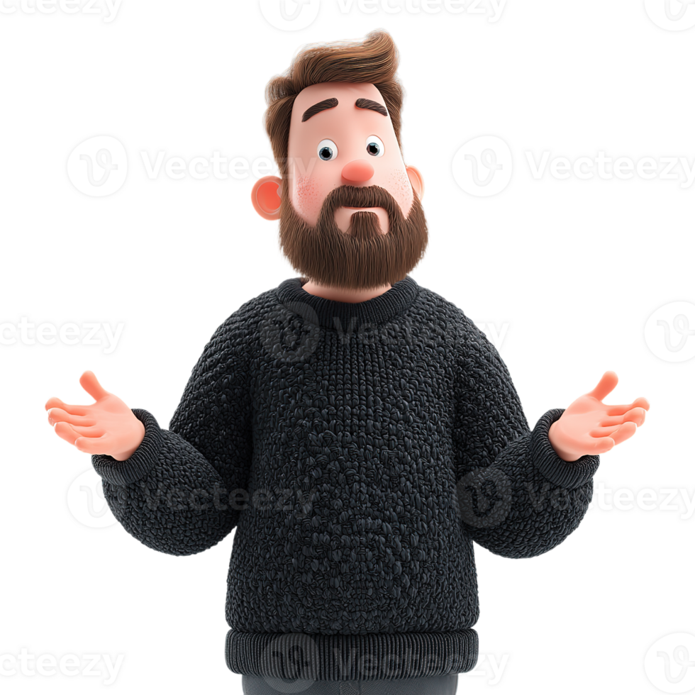 3D Cute Beard man in Black Sweater on Transparent Background png