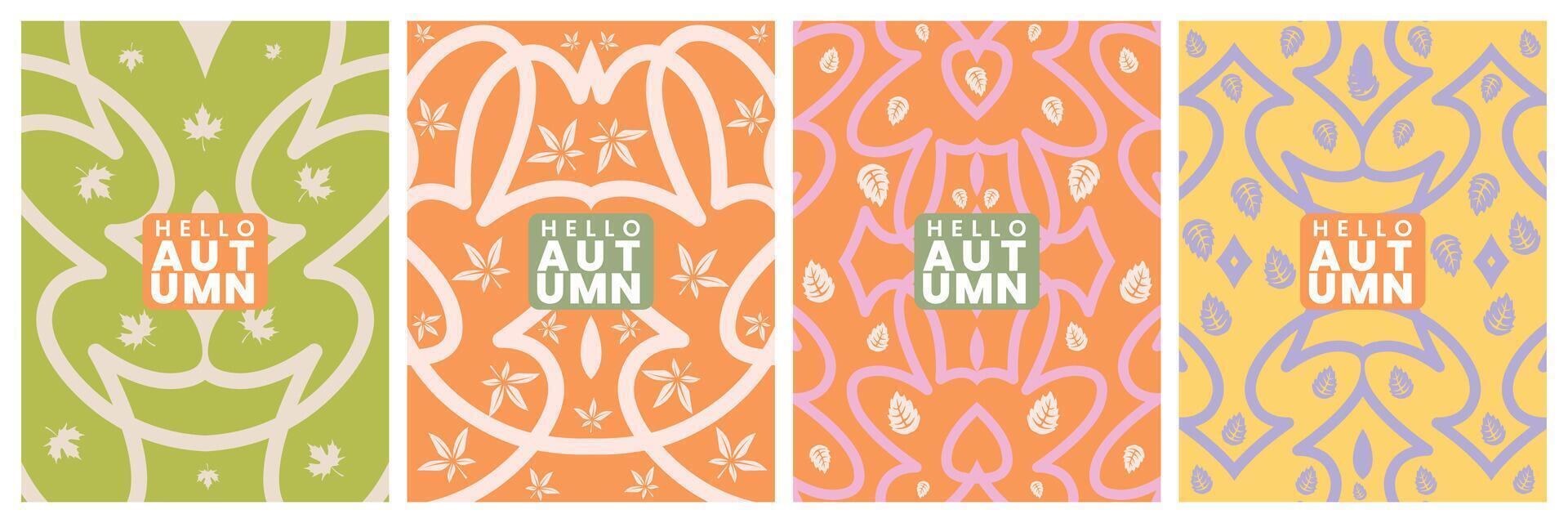 Autumn doodle concept design set featuring abstract leaf art, greeting cards, minimalist poster, banner, template, ads, and label prints vector