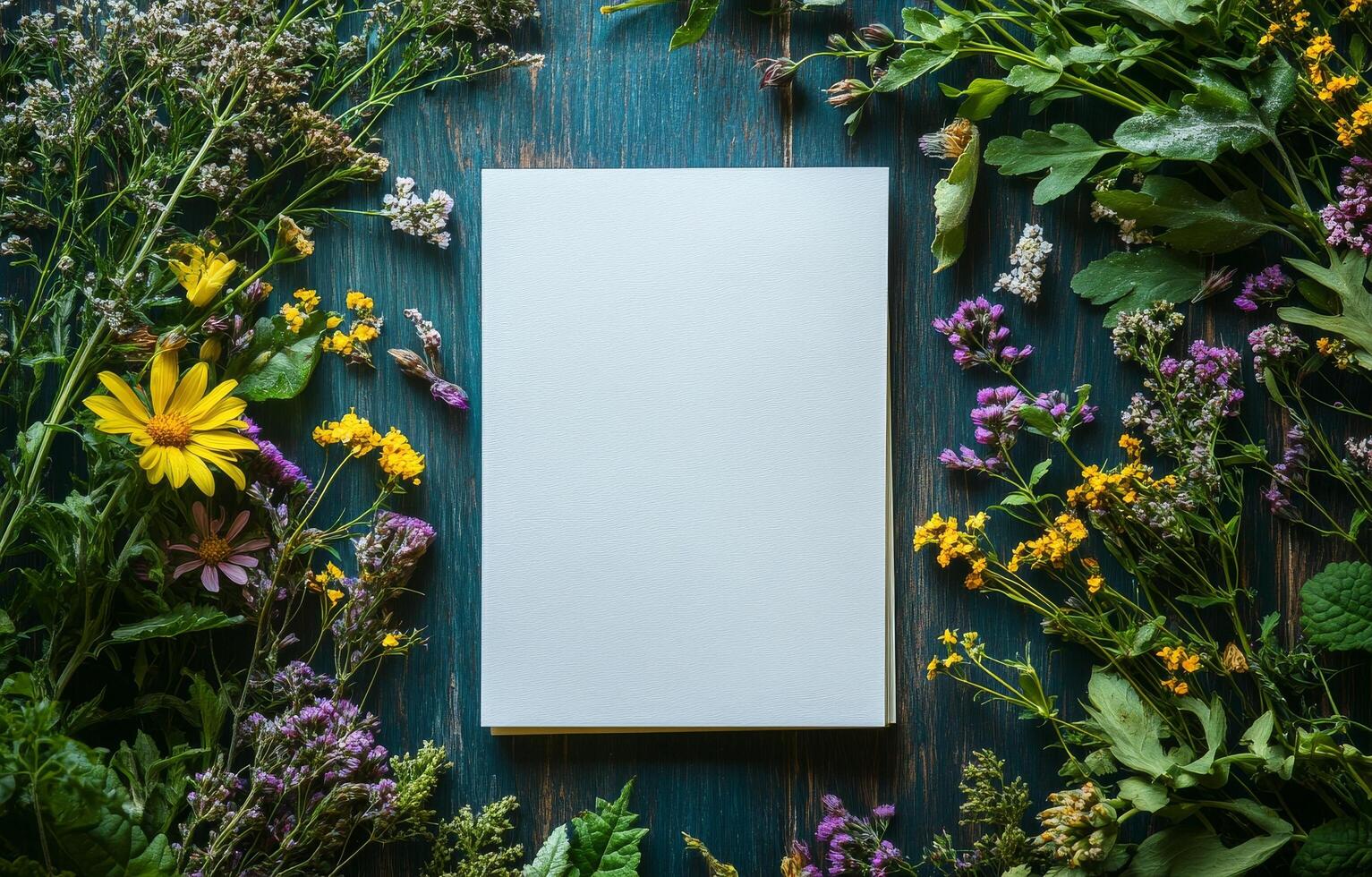Colorful Flowers Surround Blank Paper on Dark Wooden Surface for Creative Projects photo